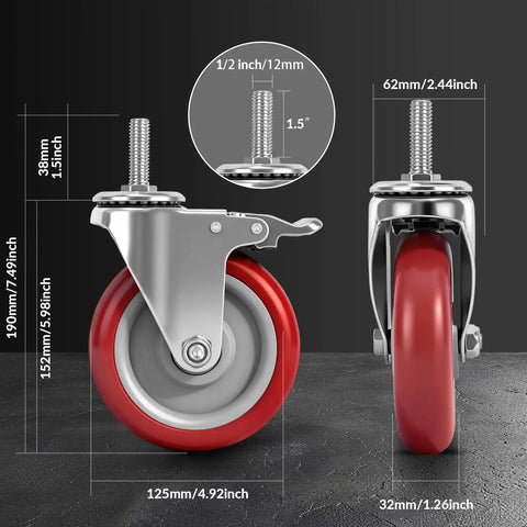 Five Inch Locking Swivel Caster Wheels Set Of Four With One Half Inch By Thirteen Threaded Stem And One And One Half Inch Length