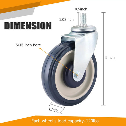 Close-up of 8 Pack 5 Inch Shopping Cart Replacement Wheels Kit With Double Ball Bearing TPU Silent Caster Wheels With Dimensions
