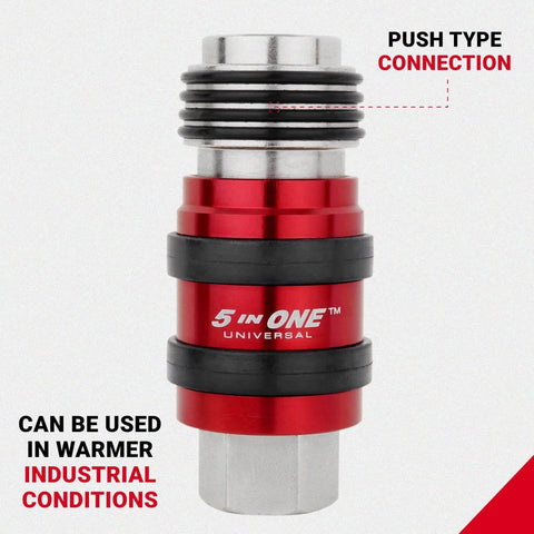 Front view of 5 In One Universal Quick Connect Industrial Coupler Pro Grade For 1/4 Inch NPT, Air Hose Connection And Safety Exhaust, Red Single Pack