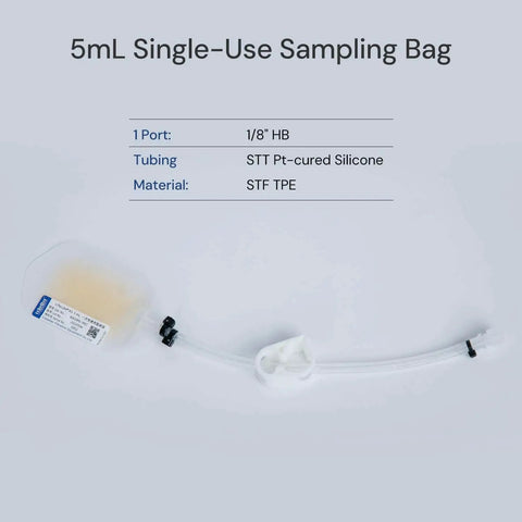 Five Milliliter Sterile Go-To Lab Sampling Bag with one port and Luer lock inlet, 20 cm silicone tubing, for sample collection and storage