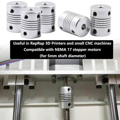 5mm To 5mm Flexible Aluminum Couplings Set For NEMA 17 Stepper Motors And 3D Printers 5 Pieces, shown with a CNC machine setup