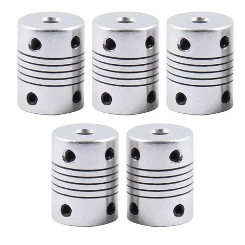 Set of 5 flexible aluminum couplings with oxidation finish for 5mm shafts, compatible with NEMA 17 stepper motors for 3D printers and CNC.