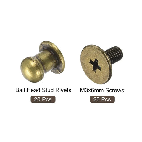 5mm Ball Head Stud Rivets With Screw Back 20 Sets for DIY Leather Craft Handbags and Belts, round head rivet and M3x6mm screw