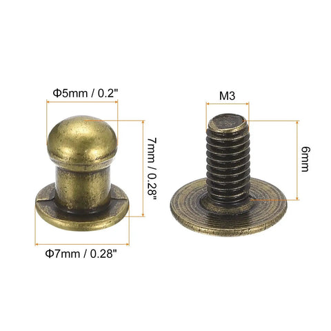 5mm Ball Head Stud Rivets With Screw Back 20 Sets for DIY Leather Craft Handbags and Belts, Bronze Zinc Alloy, M3x6mm Screw