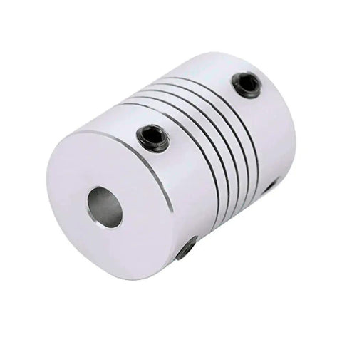 Close-up of a single 5mm to 5mm flexible aluminum coupling for NEMA 17 stepper motors, durable aluminum alloy with oxidation finish.