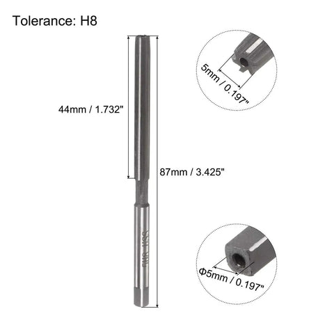 5mm H8 Hand Reamer For Metal And Wood Hole Reaming With Straight Flute 0.197 Inch Cutting Size 87mm Overall Length High Speed Steel