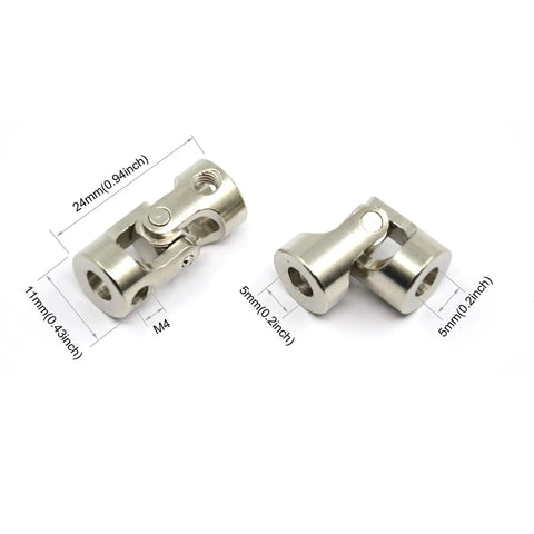 Image showing 4 Pack 5mm To 5mm Universal Joint Shaft Couplings With Screws For Motors In High Strength 45 Steel Electroplated Set with dimensions.