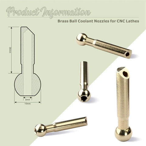 Diagram and photo of 5 Piece 10mm Brass Ball CNC Nozzle Set With Slanted Hole Extend Coolant Nozzle For Jewelry Lathes And Jewelry Carving Milling Machines Screw Lock High Pressure Oil Cooling Nozzle For Precision Machining