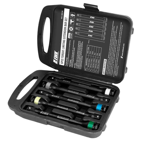 Case containing 5 Pcs 1/2" Impact Torque Limiting Extension Bar Set, 65ft-lb to 140ft-lb, arranged in foam cutouts