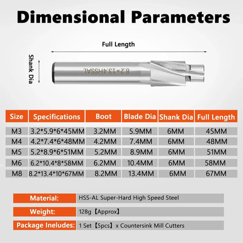 5 Piece M3 To M8 Slotting Counterbore End Mill Set dimensional chart and specifications for precise countersinking and bolt head recesses