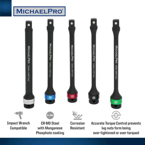 5-Piece 1/2'' Impact Torque Limiting Extension Bar Set, 65 to 140 Ft-Lbs (90 to 190 Nm), Cr-Mo steel construction, front view