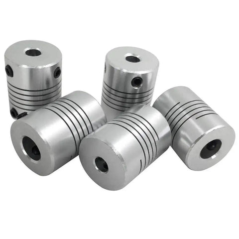 5 Pcs Flexible Couplings 5mm To 8mm Shaft For NEMA 17 Stepper Motors, aluminum alloy 19mm diameter, shown in a group of five.