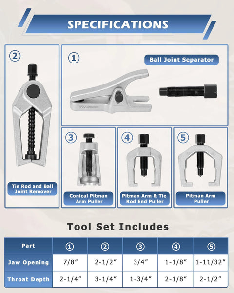 5pcs Professional Front End Service Tool Kit, showing Pitman Arm Puller, Ball Joint Separator, and Tie Rod Remover Tool with specs.
