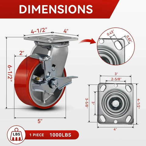 Dimensions of 5"x2" Industrial Casters - Heavy Duty casters, Polyurethane Casters Wheel, capacity up to 4000 Lb, with brake system