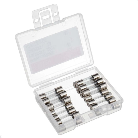 Open case showing Go-To 5x20mm Fast-Blow Glass Fuses, 2A, 250V, Pack of 20, arranged neatly, for electronics and DIY projects.