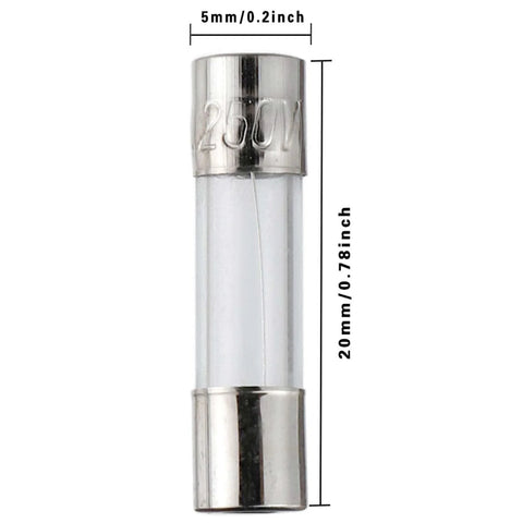 Inline Fuse Holder Kit With 16 AWG Red Wire And 5x20mm Glass Fast Blow Fuses, close-up of 5x20mm glass fuse, 250V rating