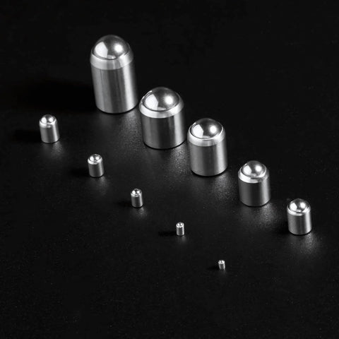 5x5mm Ball Plunger Set, 304 Stainless Steel Spring Loaded Ball Detent Plungers, arranged on a dark surface showcasing different sizes.