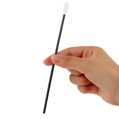 Hand holding Ultra Long 6.3 Inch Cleanroom Swabs With Flexible Knitted Microfiber Head 1000 Count Black Pro Grade Multipurpose Lab Cleaning Sticks For Solvent Resistance A5157A1000BK AAwipes