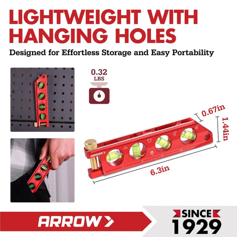 Compact 6.3 inch magnetic torpedo level with top view windows, aluminum frame, dual scales, shown on red display board