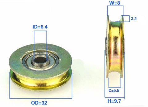 6.4mm Bore - 32mm Pulley U-Groove Track Roller Bearing 6.4x32x8mm