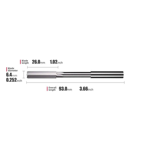 6.4mm Chucking Reamer For Precision Lathe Work With H7 Tolerance, HSS Straight Flute Reamer, 93mm Overall Length, 26mm Tool Edge display