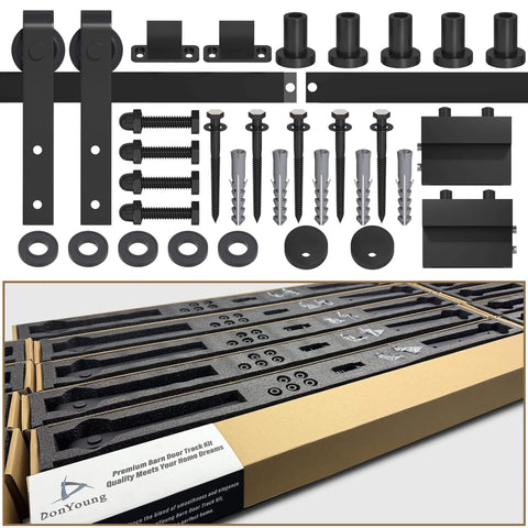6.8FT Sliding Barn Door Hardware Kit with Upgraded Packaging for Single Doors up to 41 Inch, components layout and packaging
