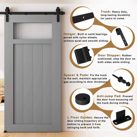 6.8FT Sliding Barn Door Hardware Kit with Upgraded Packaging for Single Doors, shown with components and installation features