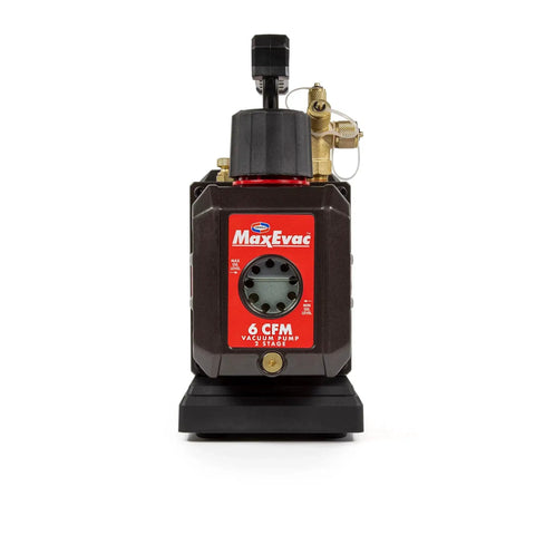 Front view of Go-To 6 CFM 2-Stage Sparkless Battery Powered Vacuum Pump for HVAC with red and black design.