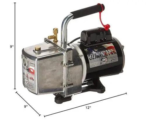 Front view of Six CFM Vacuum Pump DV6E with one half horsepower capacitor start motor, measuring 9x9x12 inches, featuring a large sight glass.