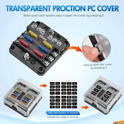 Six Circuit Blade Fuse Block With Negative Bus And LED Indicator Waterproof Cover For 12V Automotive Cars Marine Boats RVs Trailers ATO And ATC Fuses 30A Per Circuit 100A Panel