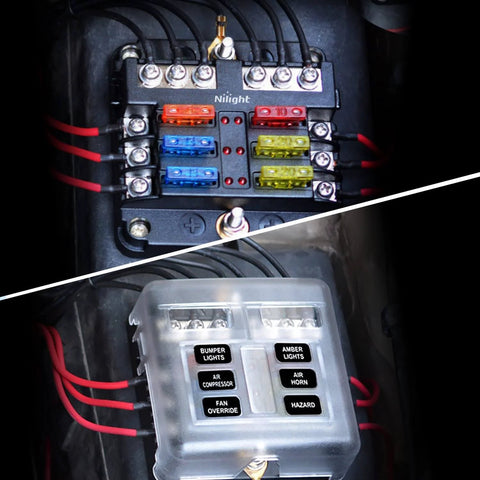 Six Circuit Blade Fuse Block With Negative Bus And LED Indicator Waterproof Cover For 12V Automotive Cars Marine Boats RVs Trailers ATO And ATC Fuses 30A Per Circuit 100A Panel in installed position with transparent cover.