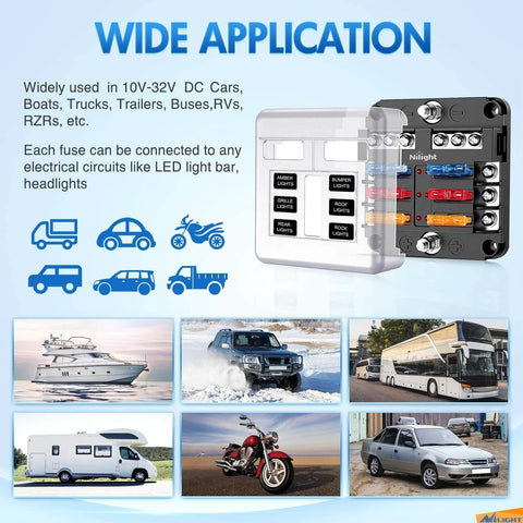 Six Circuit Blade Fuse Block With Negative Bus And LED Indicator Waterproof Cover for various vehicles and applications