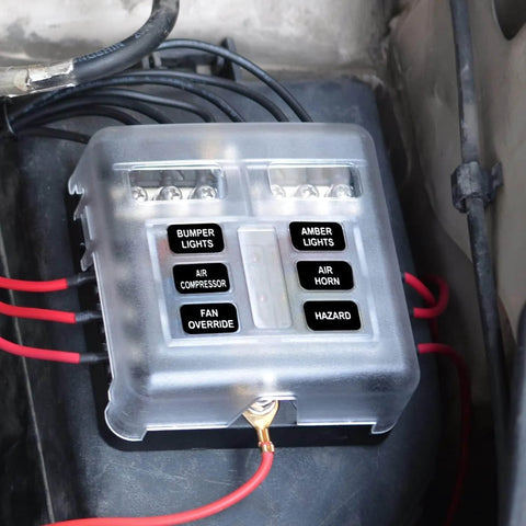 Installed Six Circuit 12V Fuse Block with LED Indicator and Preinstalled ATC and ATO Fuses, automotive use visible