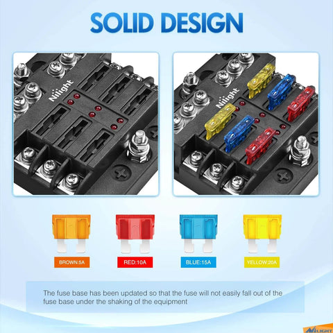Six Circuit Blade Fuse Block With Negative Bus And LED Indicator Waterproof Cover for 12V Automotive Cars Marine Boats RVs