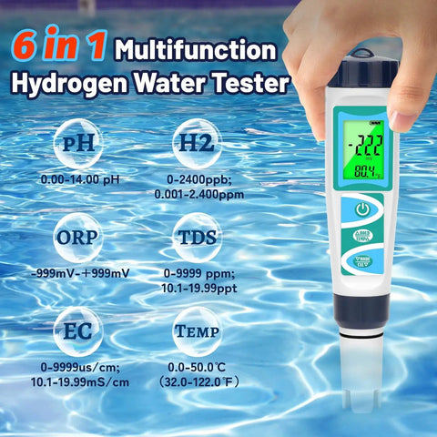 Hydrogen Water Tester Kit With PH ORP TDS EC Temperature And Dissolved Hydrogen Meter held over water surface