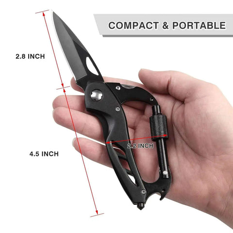 Hand holding Six In One Multitool Carabiner With Folding Pocket Knife And Bottle Opener For Camping And Hiking Survival Gear
