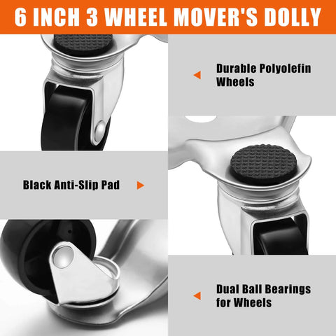 Close-up of 6 inch 3 wheel dolly with polyolefin wheels, black anti-slip pad, dual ball bearings for 12 Pcs Furniture Moving Dolly Set