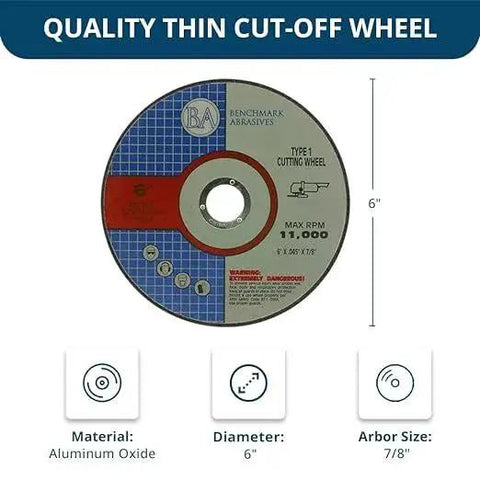 6 Inch Aluminum Oxide Thin Type 1 Grinder Cut Off Wheels For Metal And Stainless Steel, 0.045 Inch Thick, 7/8 Inch Arbor