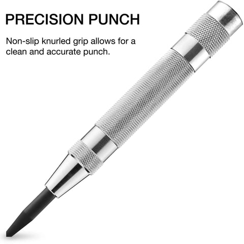 6 Inch Automatic Center Punch With One Handed Spring Impact Chrome Shank And S2 Steel Tip, non-slip knurled grip, precision tool