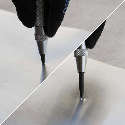 Using 6 Inch Automatic Center Punch With One Handed Spring Impact Chrome Shank And S2 Steel Tip for metal hole marking
