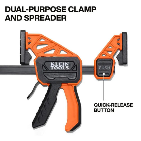 Speed Klamp 6 Inch Bar Clamp Set Two Pack With One Handed Operation And 150 Pound Clamping Power For Woodworking And Metal Projects Includes Clamp And Spreader With I Beam Bar Design By Klein Tools close-up of the clamp showing dual-purpose design and quick-release button