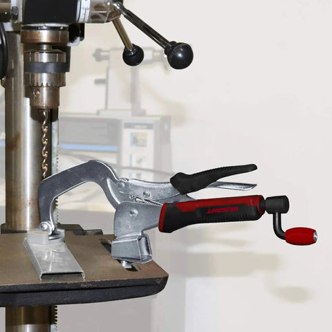 Beefy Pro Grade 6 Inch Bench Clamp With Non Marring Pad For T Tracks And Clamp Tables installed on a drill press