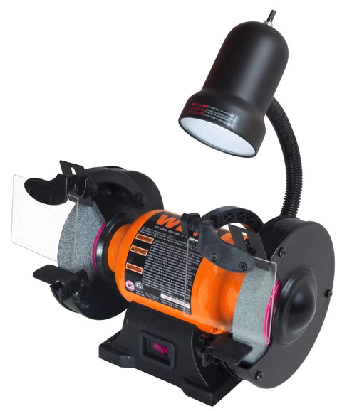 2.1 Amp Bench Grinder With Flexible Work Light 6 Inch By 3 Quarter Inch Grinding Wheels 60 Grit And 36 Grit For Sharpening Tools