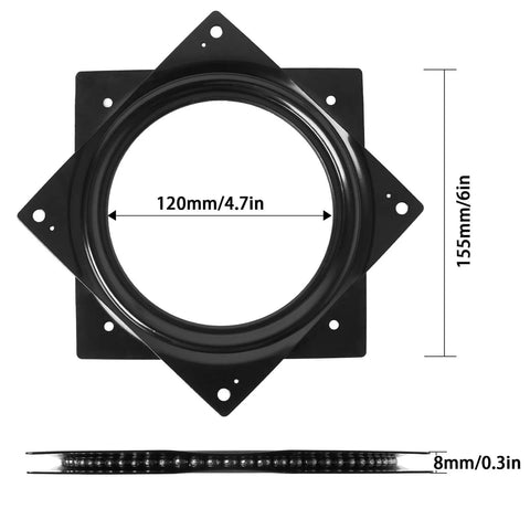 2 Pack 6 Inch Black Steel Lazy Susan Turntable Bearings with size dimensions, heavy duty square rotating trays for smooth 360 spin.
