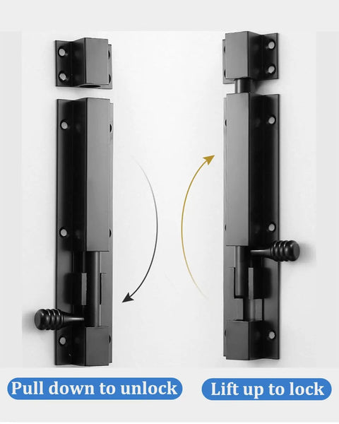 Heavy duty 6 inch slide bolt gate latch made from solid 304 stainless steel with a black electroplating finish shown in lock and unlock positions.