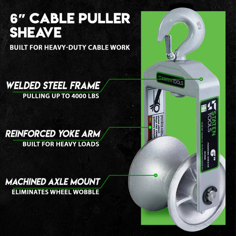 6" Diameter, Cable Puller Sheave, Hook, Wire, Rope | Capacity 6500lb | Compatible with Greenlee Pullers 640,6801,6001 | Staten Tools