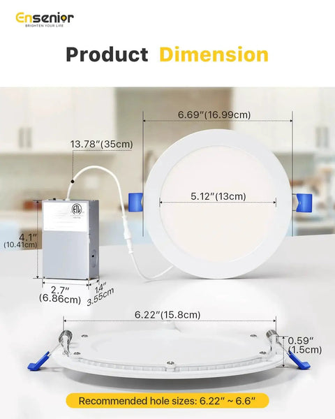 Dimensions of 24 Pack 6 Inch LED Recessed Downlights, Dimmable 2700K to 5000K 5CCT, 1200 Lumens, 12W, 120V, High Brightness Canless Wafer Ceiling Lights.