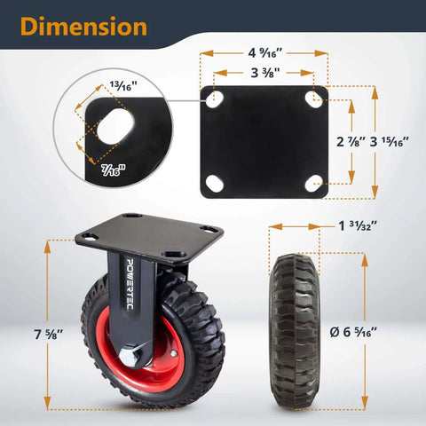 6 inch caster wheels set of 8 with heavy duty rubber knobby tread dimension diagram showing sizes and mount details.