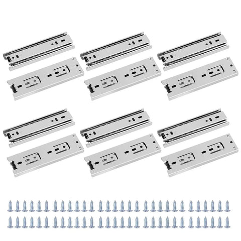 Set of 6 pairs 6 Inch Full Extension Drawer Slides With Quiet Operation 3 Section Ball Bearing Side Mounted includes 48 mounting screws