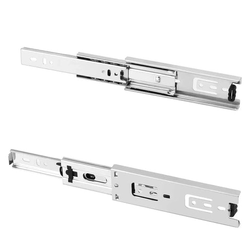 Silver 6 inch full extension drawer slides with quiet operation and 3 section ball bearing design, side mounted, heavy duty.
